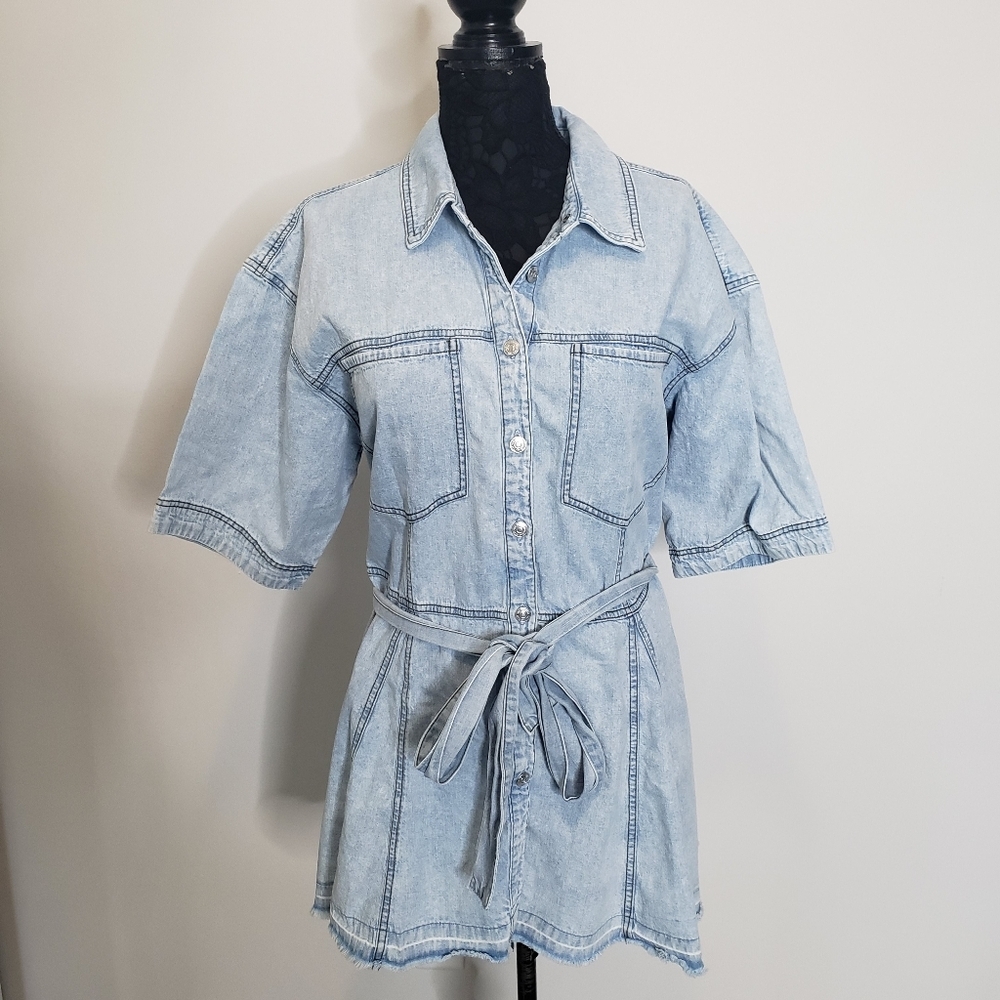 We The Free People Jenny Denim Tunic Belted Dress Boho Women's  Medium Blue